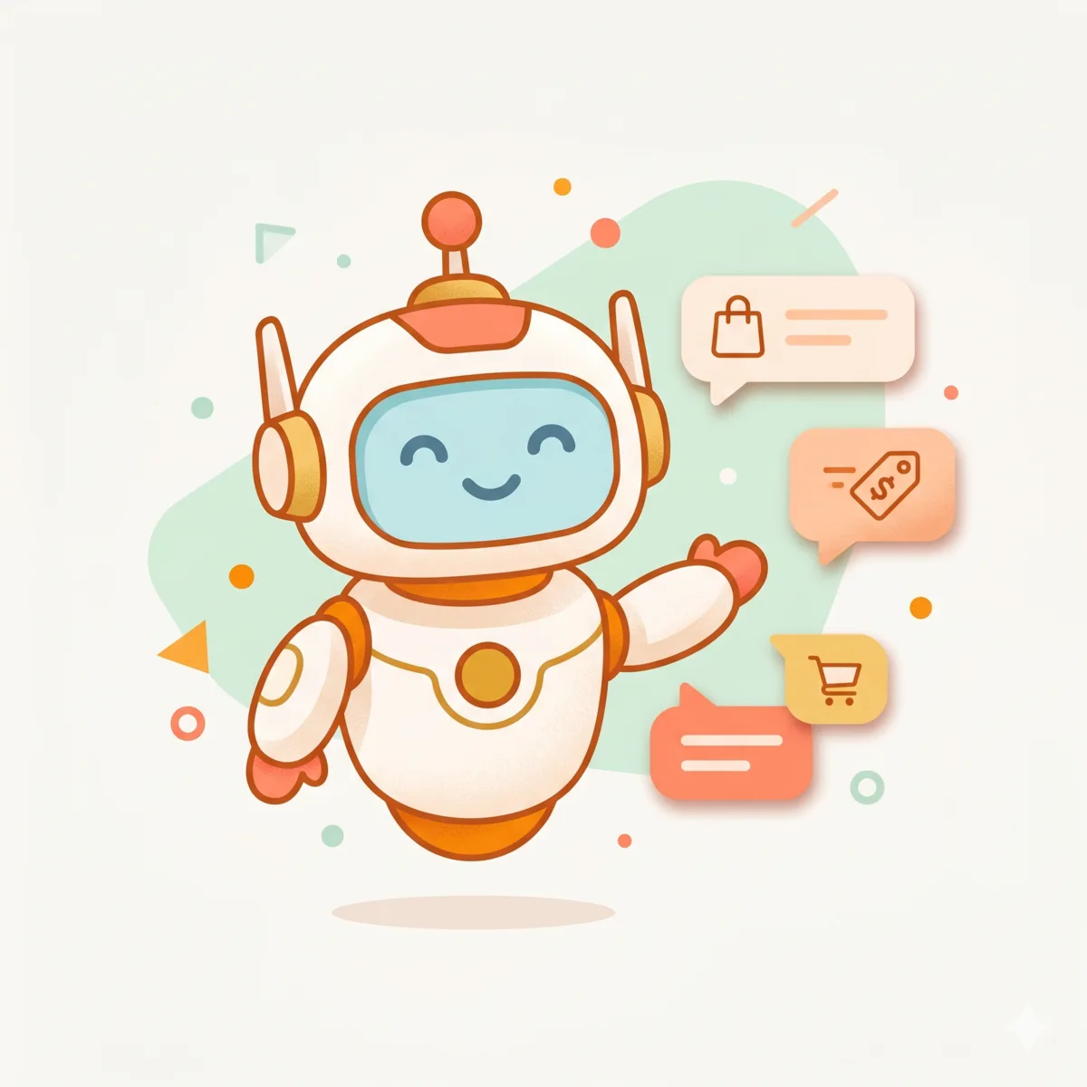 Ilustración de un chatbot asistente sonriente rodeado de burbujas de chat con iconos de tienda online