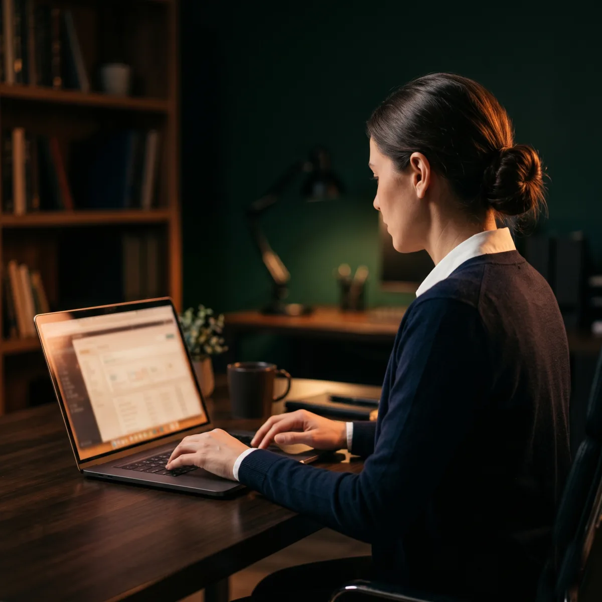 Profesional dando soporte a una tienda online por la noche, transmitiendo atención siempre disponible