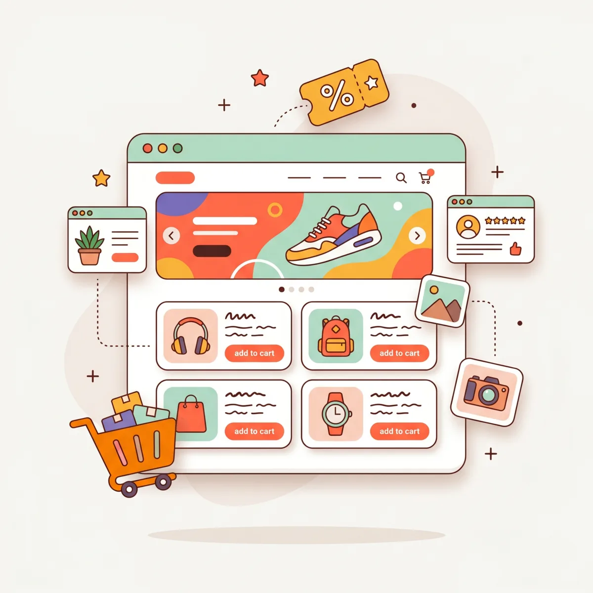 Ilustración de una tienda online PrestaShop con slider, fichas de producto, botones de comprar y un carrito